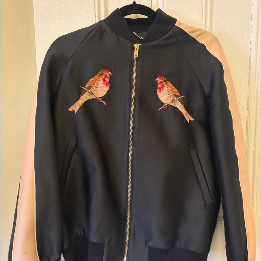 Stella McCartney Black Bomber Jacket with Pink Sleeves and Embroidered Birds